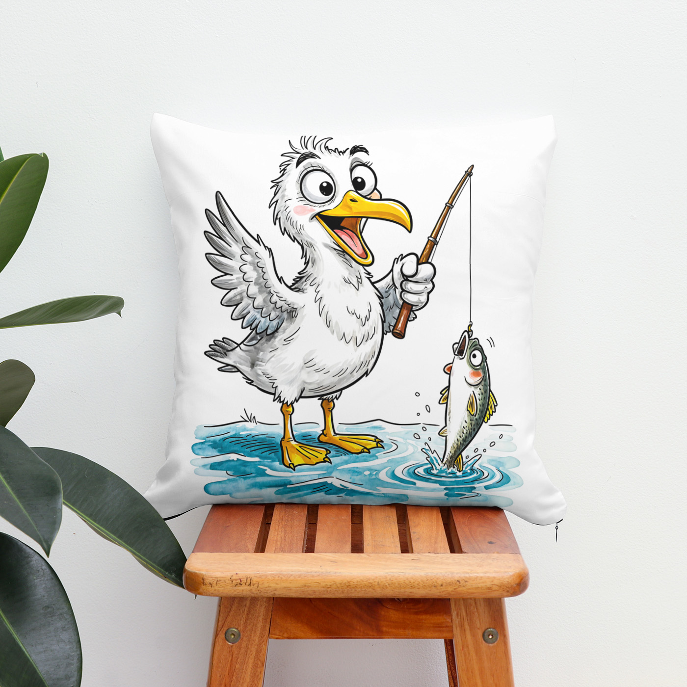 Kissen: Seagull Fishing with Rod in Shallow Water - immagine 2