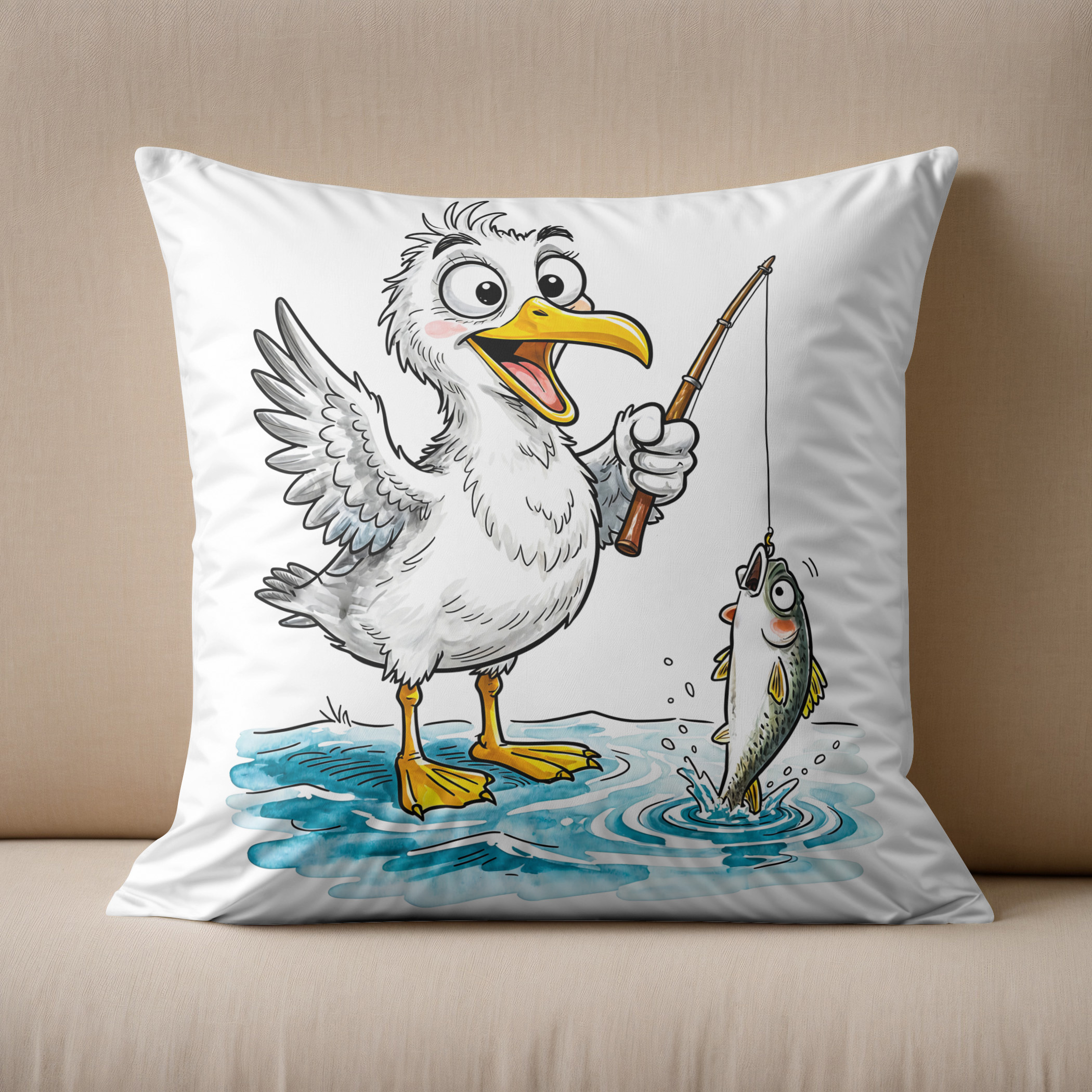 Kissen: Seagull Fishing with Rod in Shallow Water