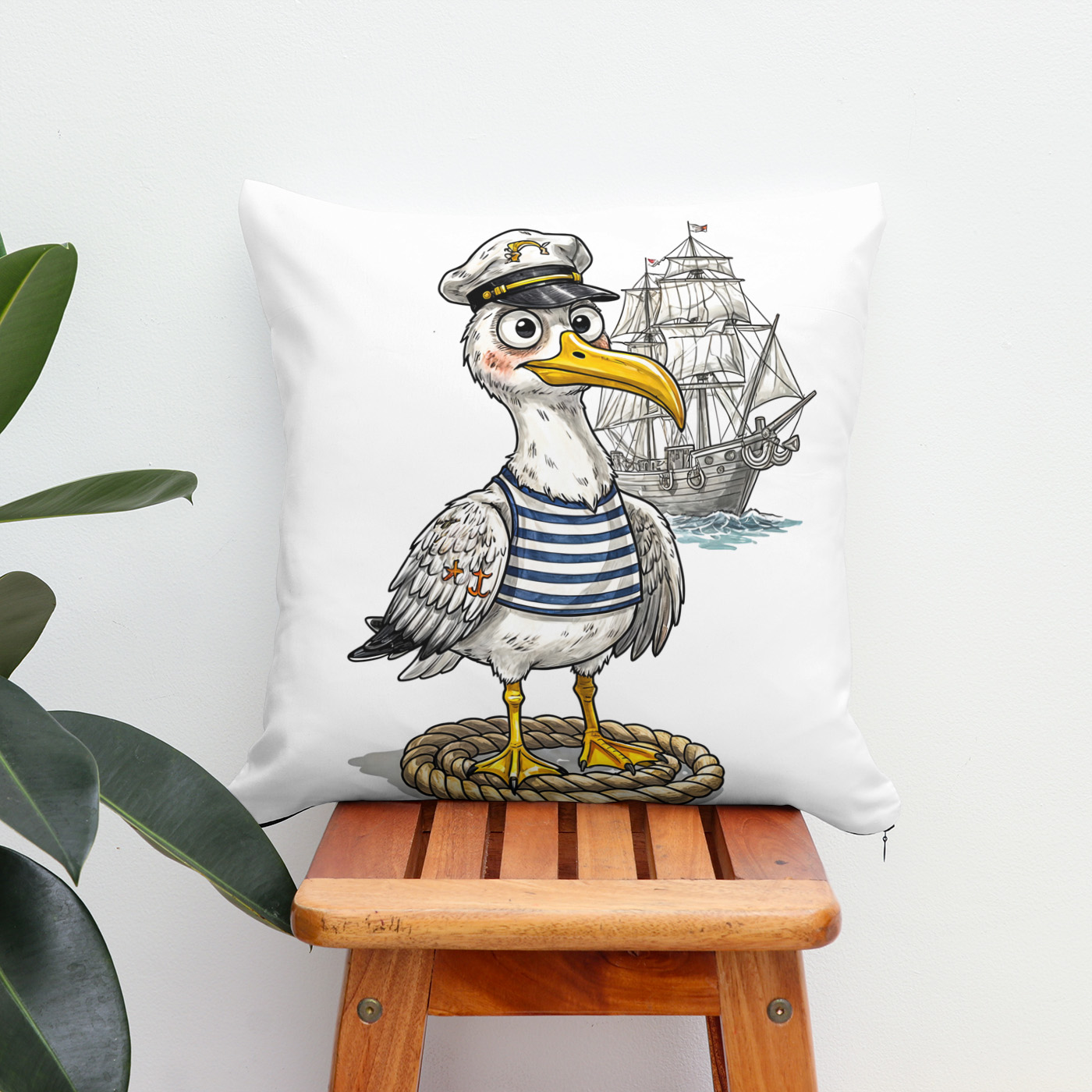 Kissen: Seagull Sailor with Rope and Ship Background – Bild 2