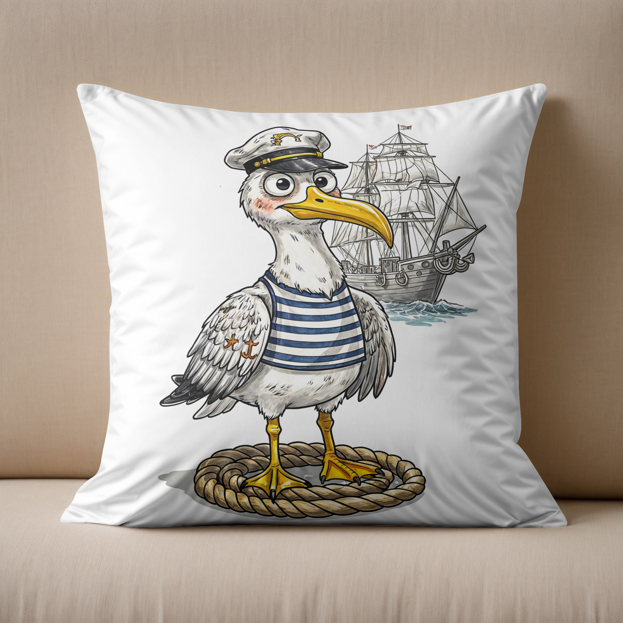 Kissen: Seagull Sailor with Rope and Ship Background