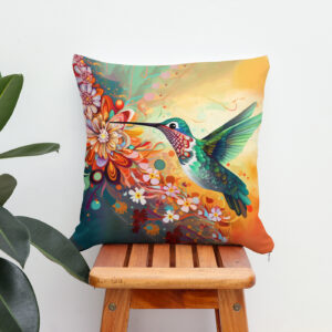 Kissen: Farbenfroher Kolibri an Blüten