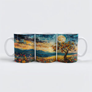 raxxa Premium-Tasse: Abstract watercolor illustration of full moon over wildflower meadow
