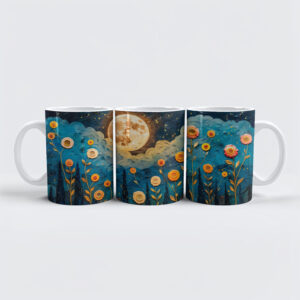raxxa Premium-Tasse: Abstract watercolor illustration of full moon and clouds over forest with glowing flowers