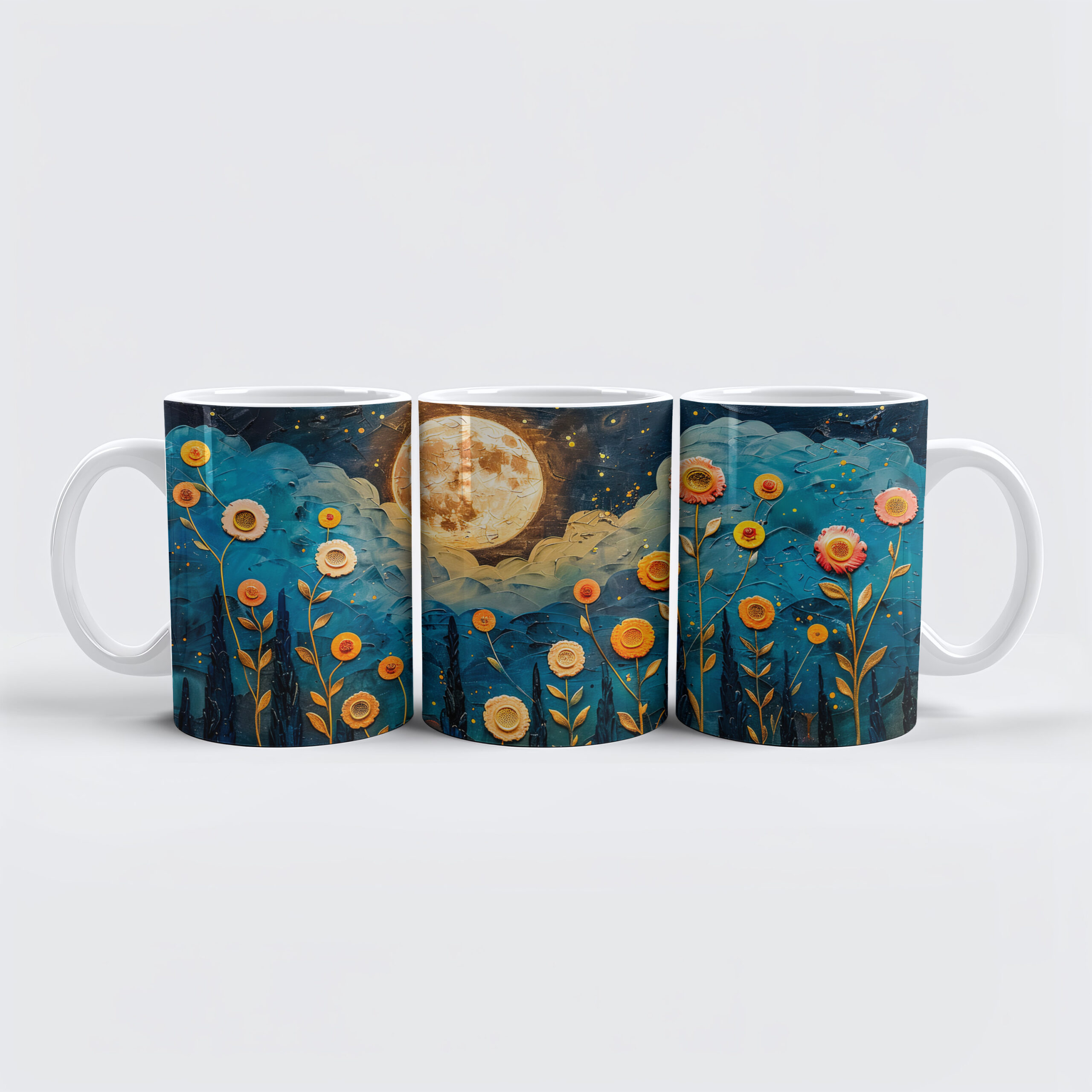 raxxa Premium-Tasse: Abstract watercolor illustration of full moon and clouds over forest with glowing flowers