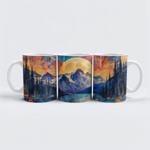 raxxa Premium-Tasse: Abstract watercolor illustration of full moon over snowy mountains and lake