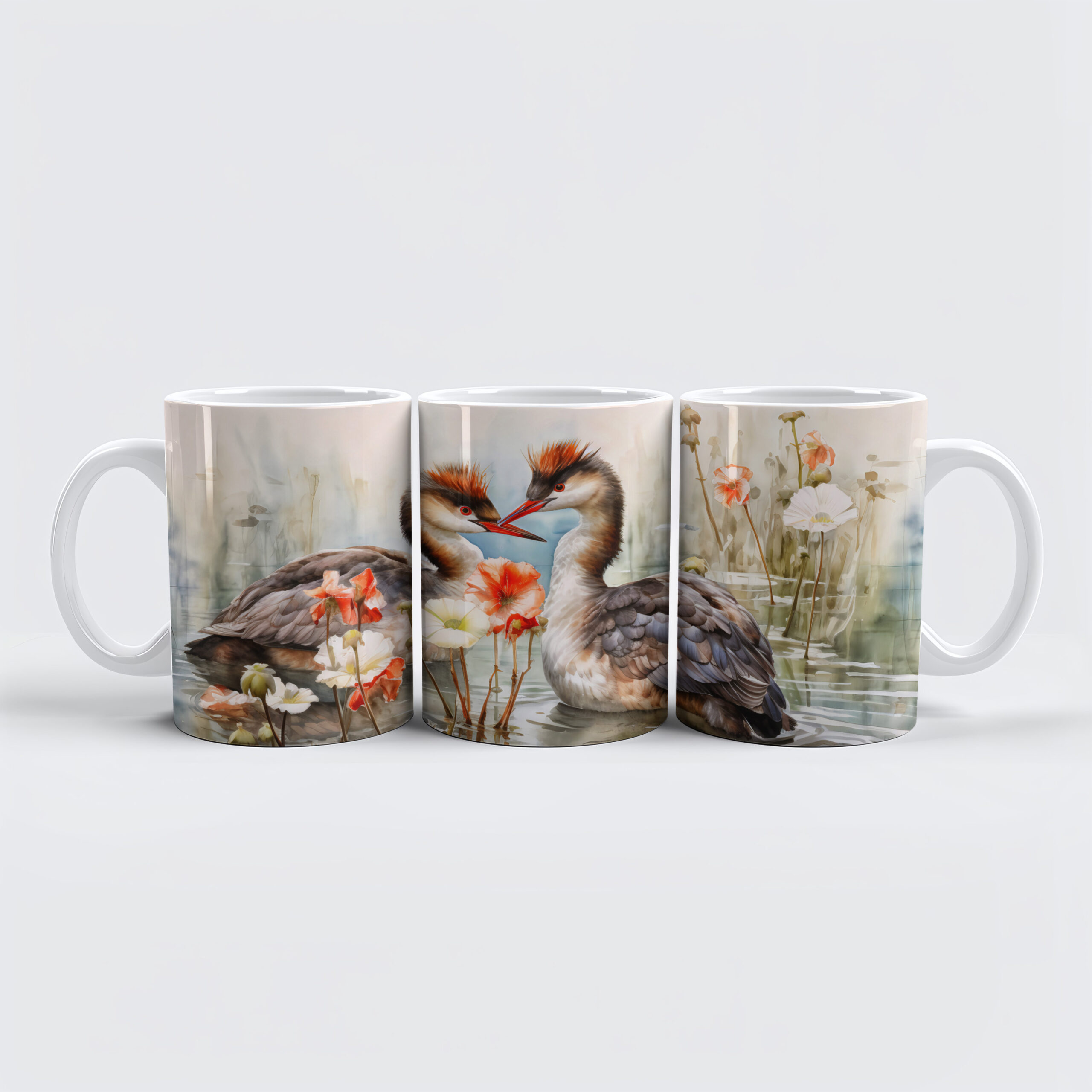 raxxa Premium-Tasse: Two grebes among white pond plants