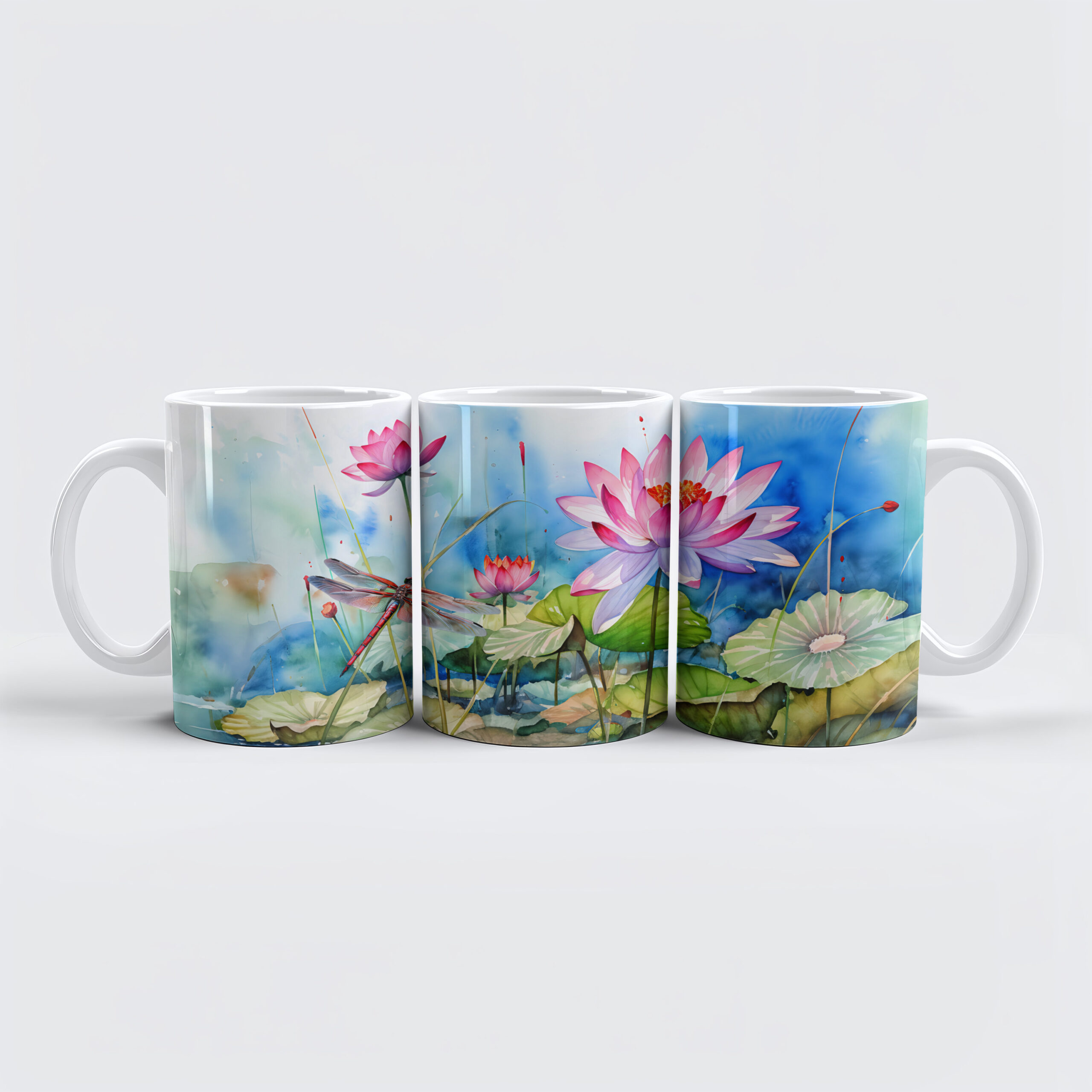 raxxa Premium-Tasse: Dragonfly flying through pink water lilies