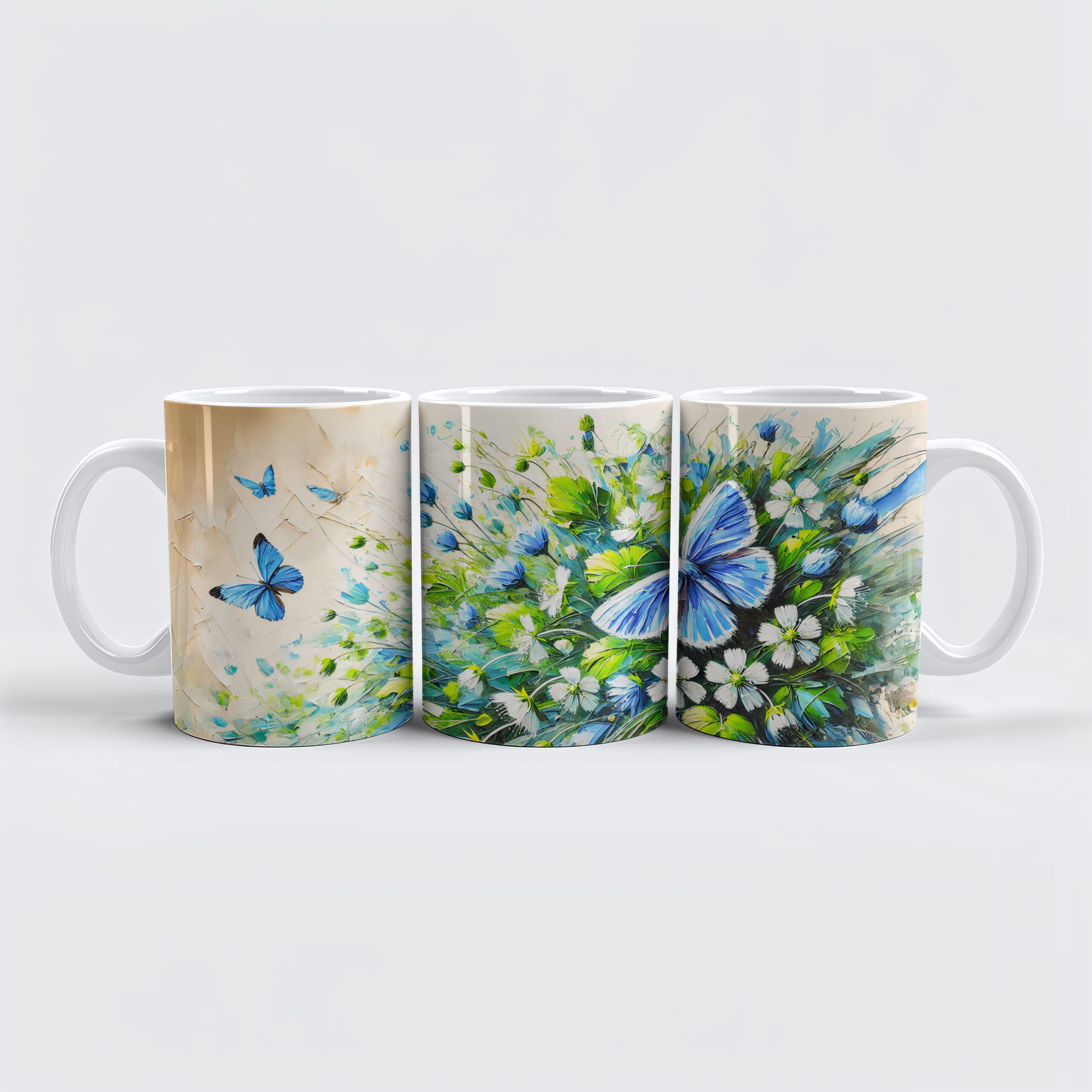 raxxa Premium-Tasse: Blue Butterfly with Forget-Me-Not Flowers in Oil Painting