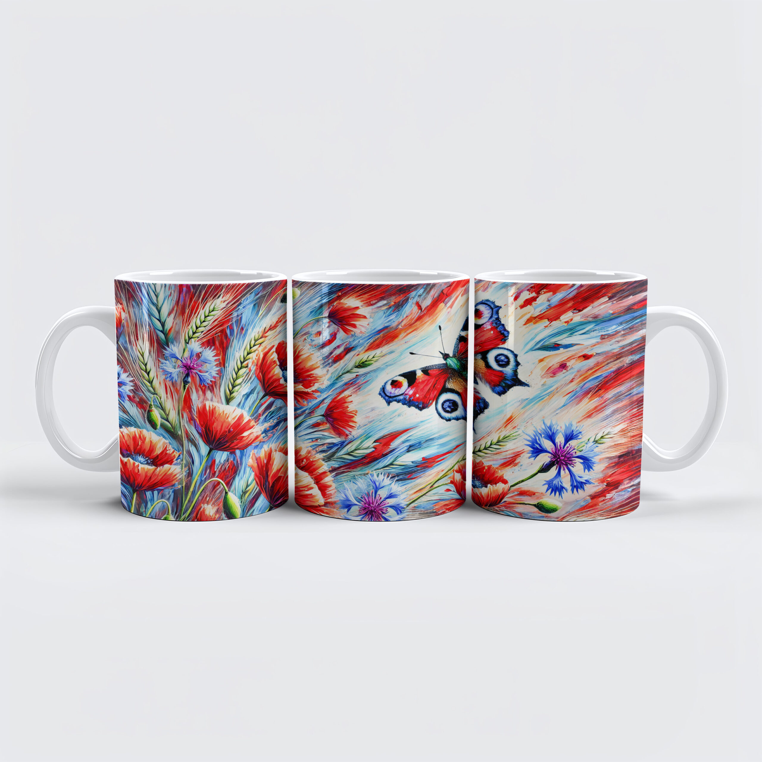 raxxa Premium-Tasse: Peacock Butterfly with Poppies and Cornflowers in Oil Painting