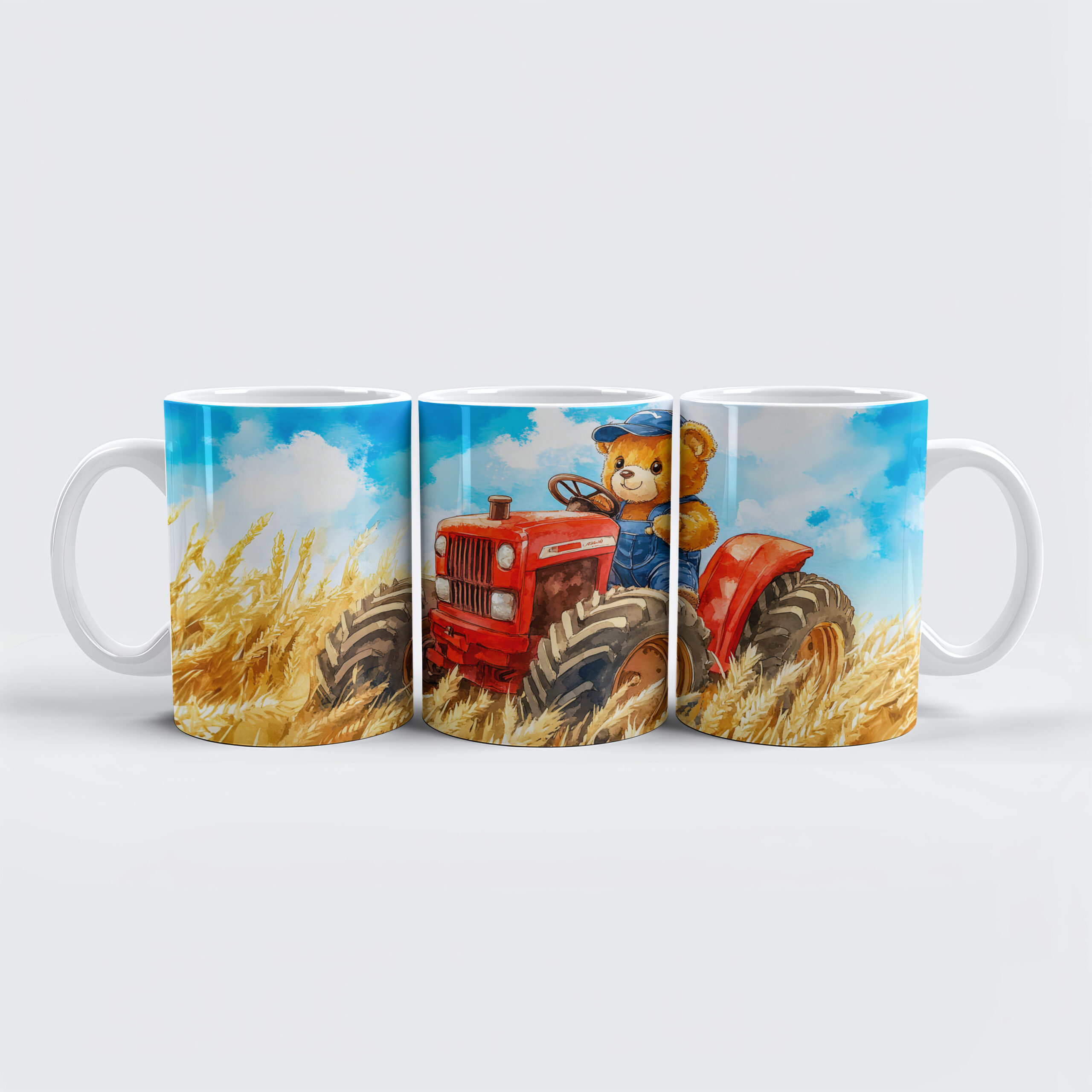 raxxa Premium-Tasse: Teddy Bear Driving a Tractor in Wheat Field