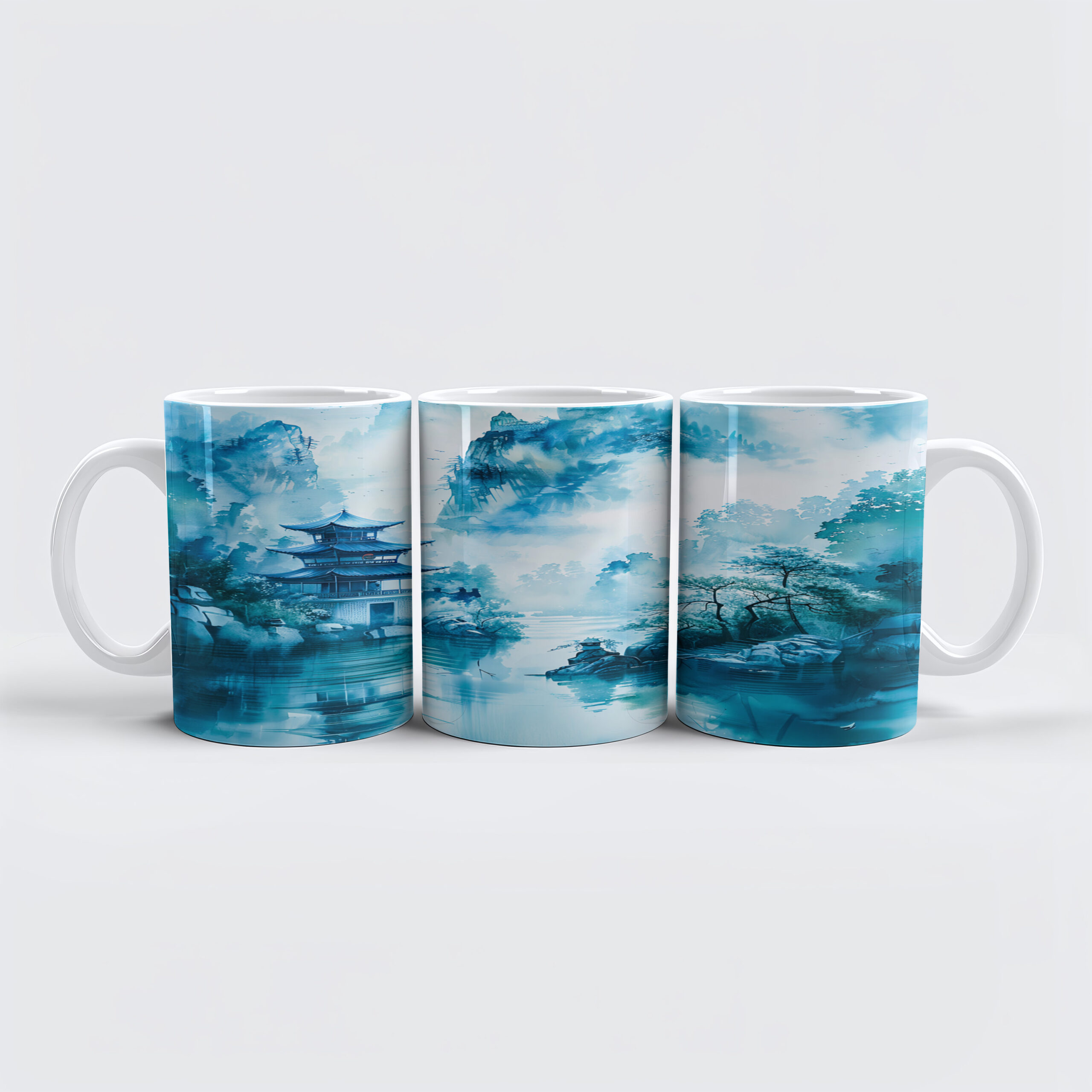 raxxa Premium-Tasse: Pagoda At Riverbank In Chinese Mountains With Blue‑Turquoise Palette