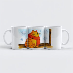 raxxa Premium-Tasse: Cute Cartoon Cat Sitting at Snowy Window
