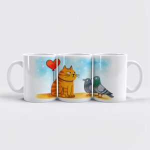 raxxa Premium-Tasse: Cute Cartoon Cat Holding Heart Balloon Illustration