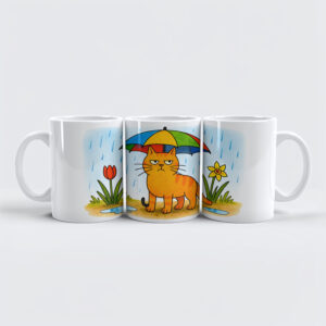 raxxa Premium-Tasse: Cute Cartoon Cat Standing Under Colorful Umbrella