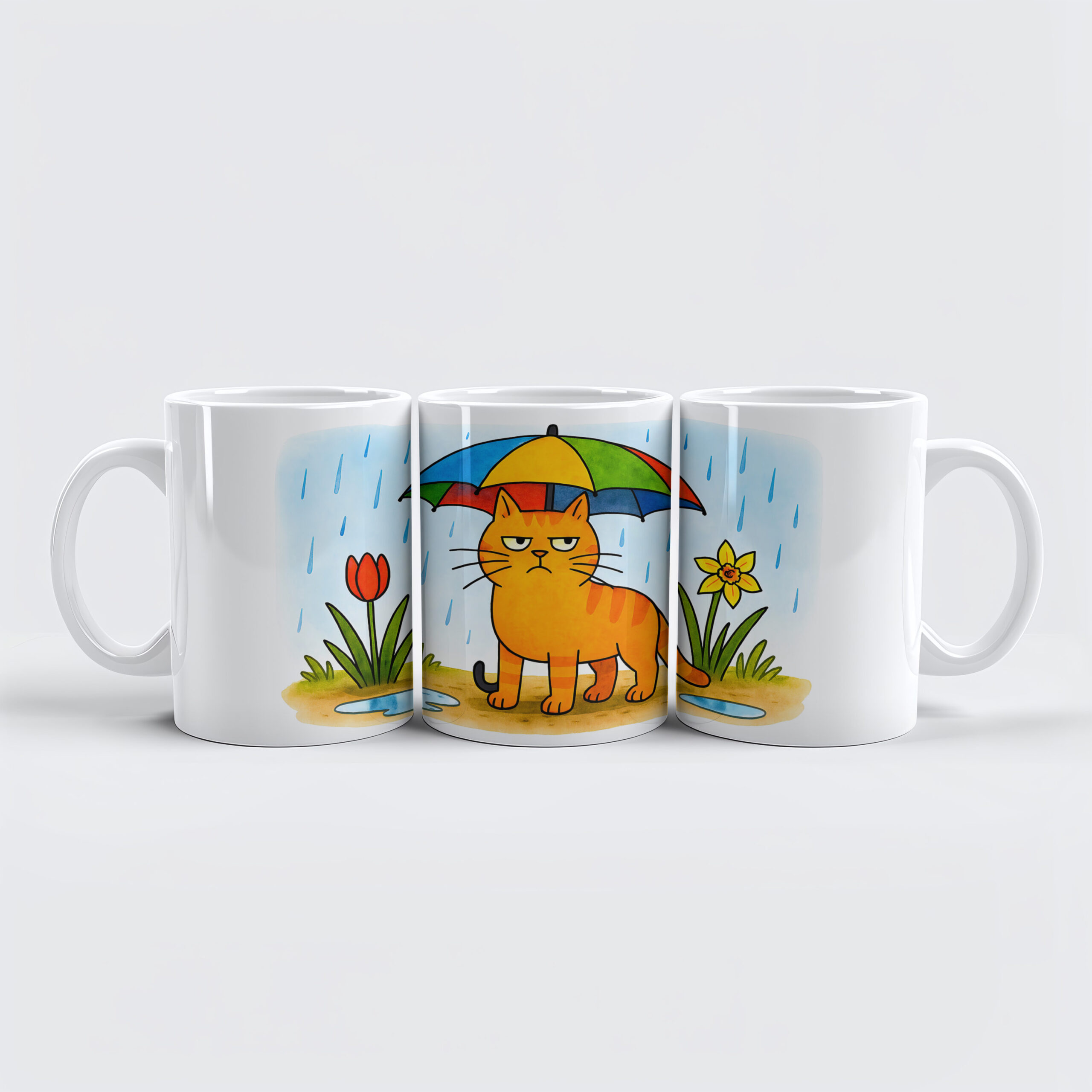 raxxa Premium-Tasse: Cute Cartoon Cat Standing Under Colorful Umbrella