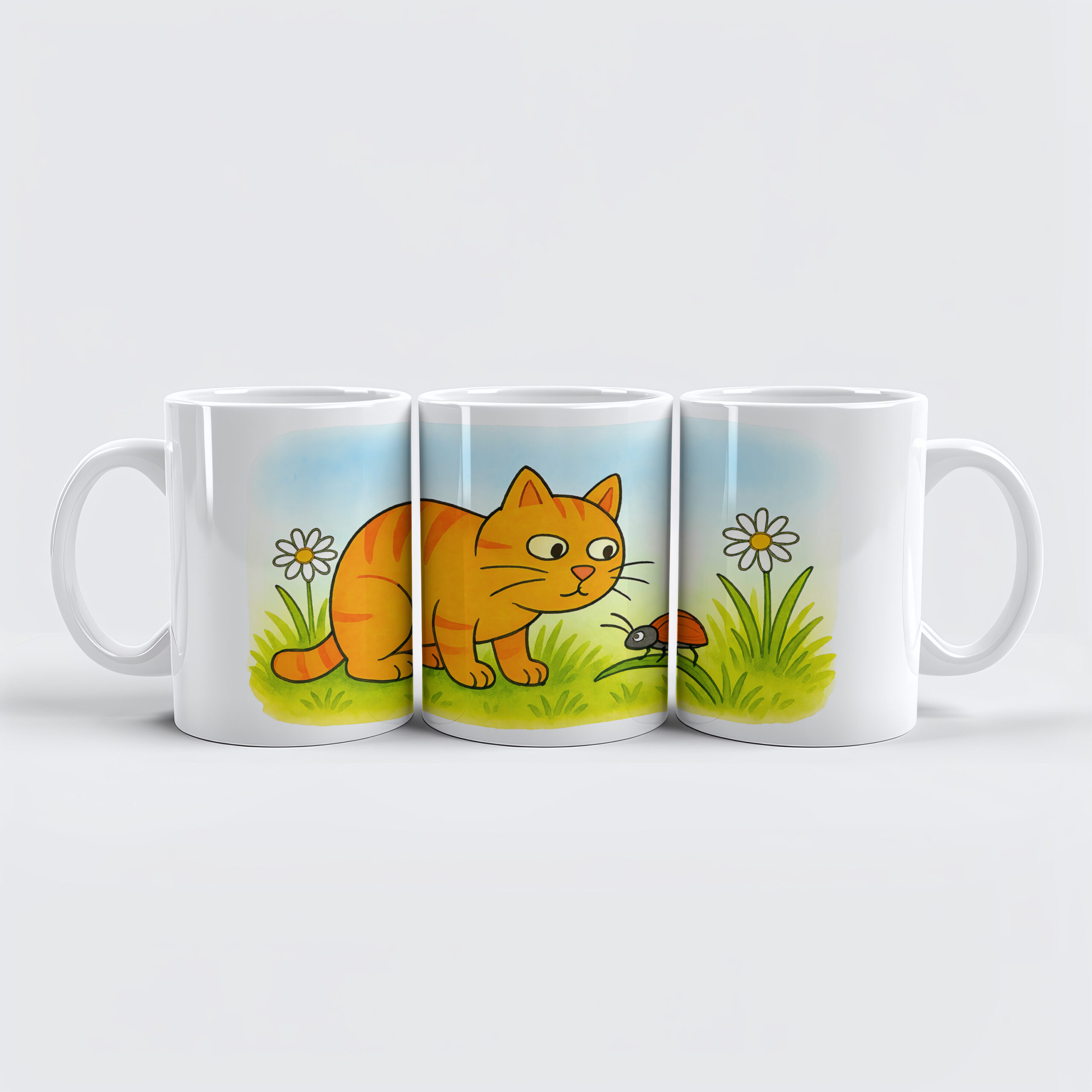 raxxa Premium-Tasse: Cute Cartoon Cat Watching Ladybug in Meadow