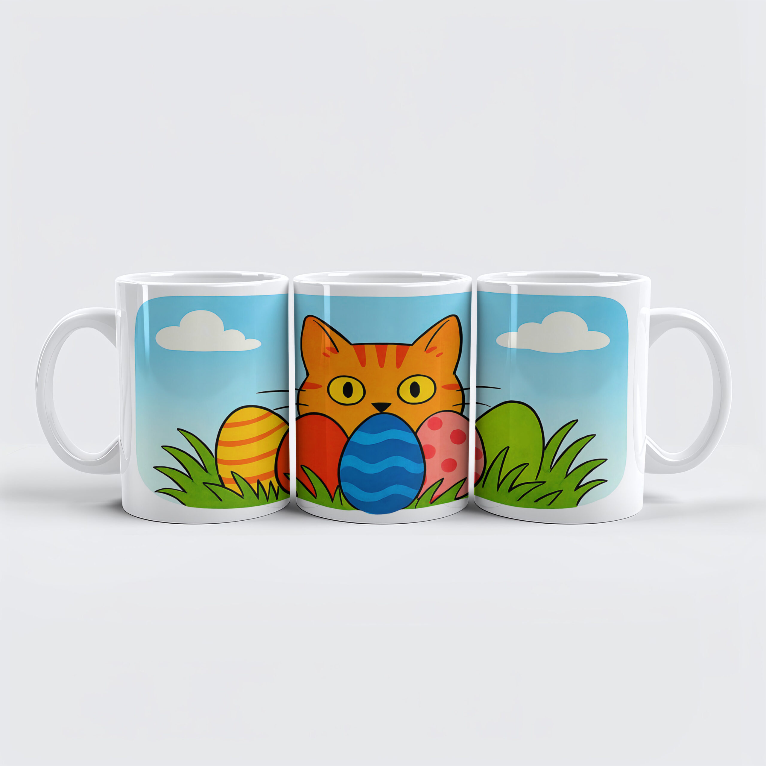 raxxa Premium-Tasse: Playful Cartoon Cat Hiding Behind Easter Eggs