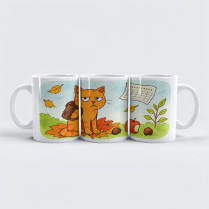 raxxa Premium-Tasse: Grumpy Cartoon Cat Starting School in Autumn