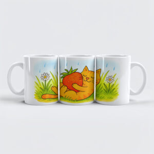 raxxa Premium-Tasse: Playful Cartoon Cat Hugging Big Strawberry