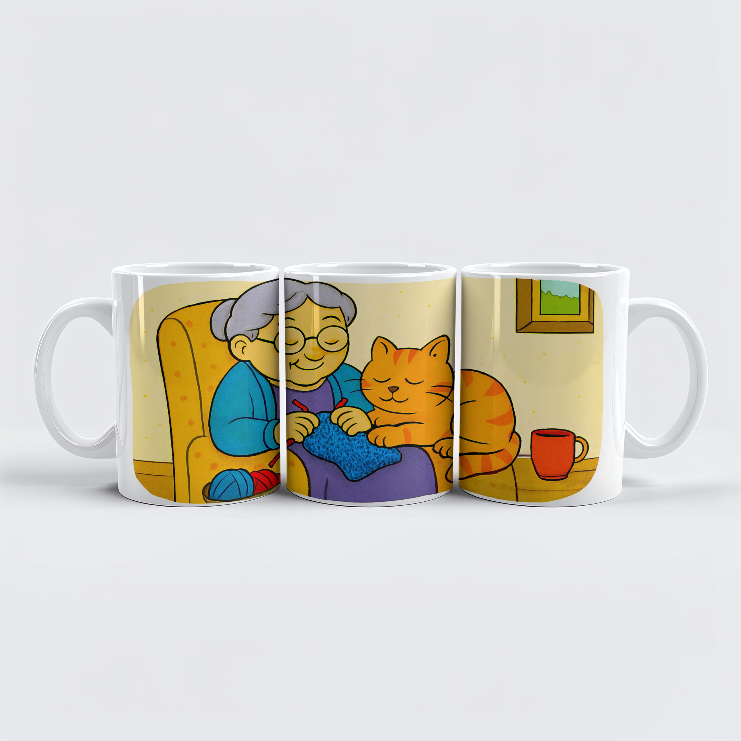 raxxa Premium-Tasse: Cute Cartoon Cat Resting on Knitting Grandma