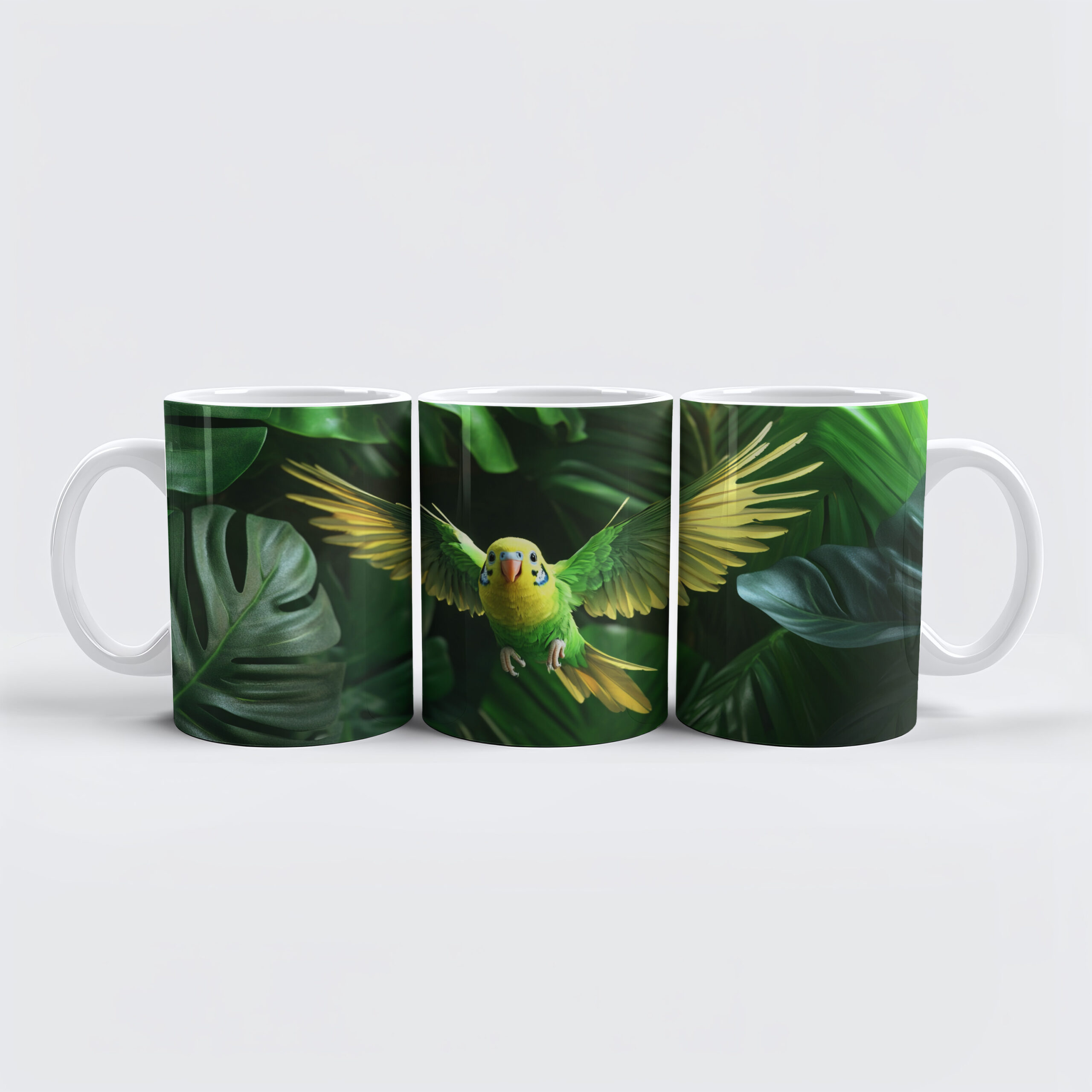 raxxa Premium-Tasse: Wellensittich auf dem Flug im Zimmerpflanzen Dschungel