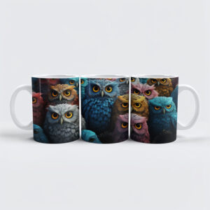 raxxa Premium-Tasse: Gruppenbild mit farbenfrohen Eulen