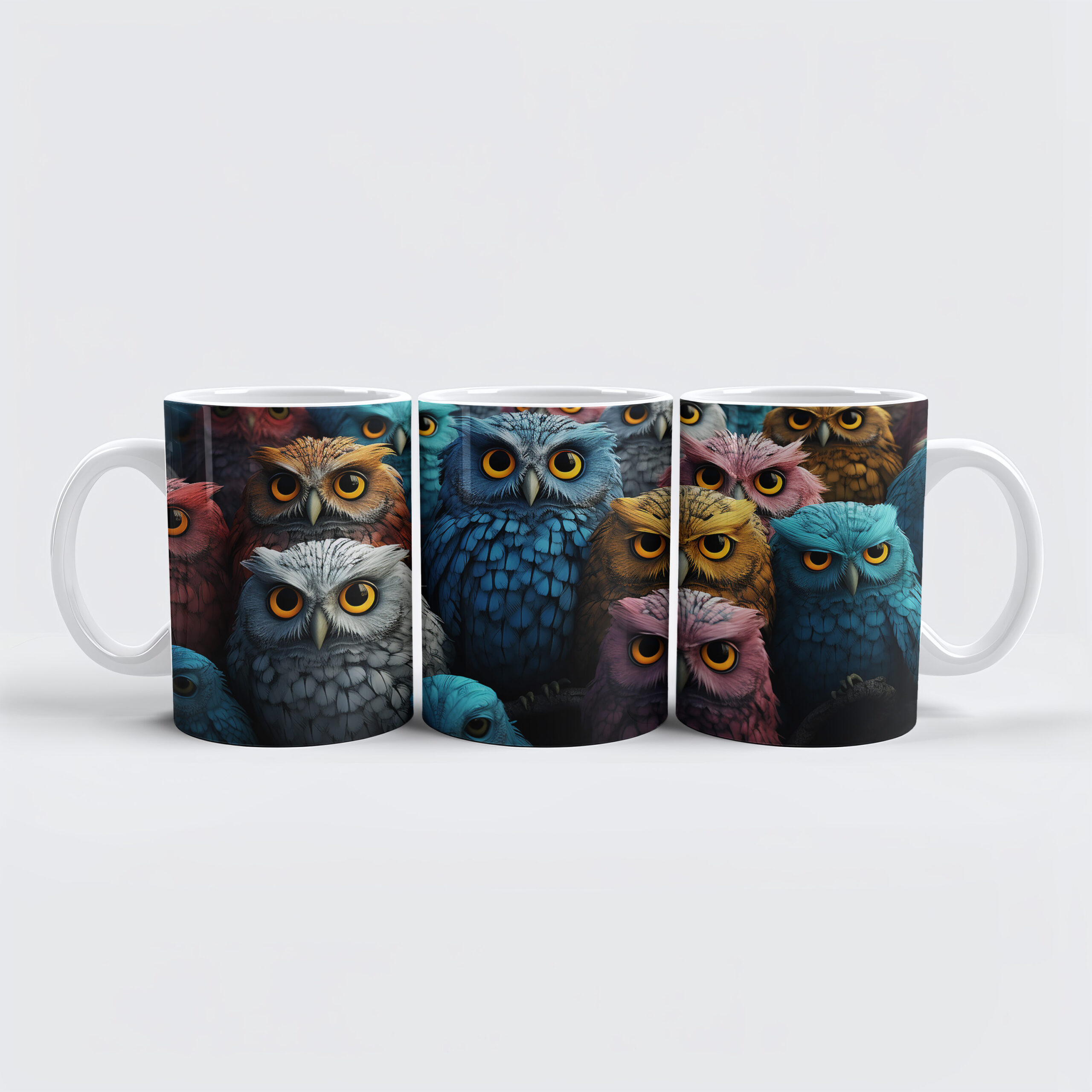 raxxa Premium-Tasse: Gruppenbild mit farbenfrohen Eulen