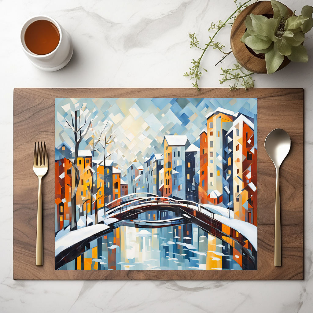 raxxa Premium-Tischset: Cubist Cityscape with Snowy Canal