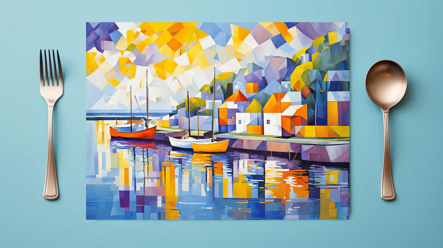 raxxa Premium-Tischset: Cubist Mediterranean Town with Boats – Bild 2