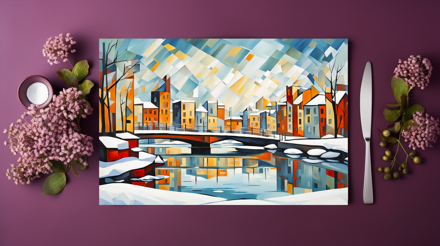 raxxa Premium-Tischset: Cubist Snowy Bridge Over Reflected City