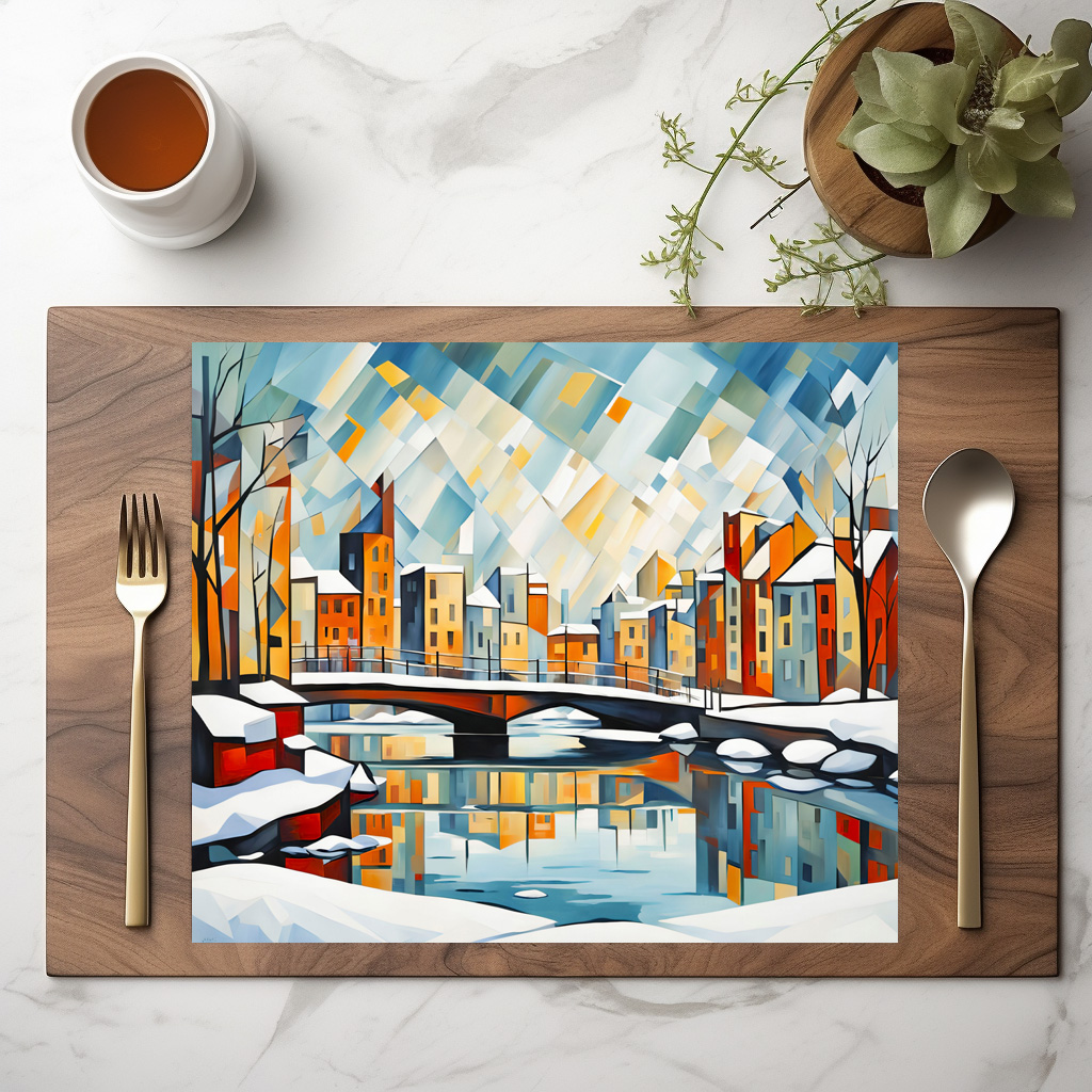 raxxa Premium-Tischset: Cubist Snowy Bridge Over Reflected City - immagine 2