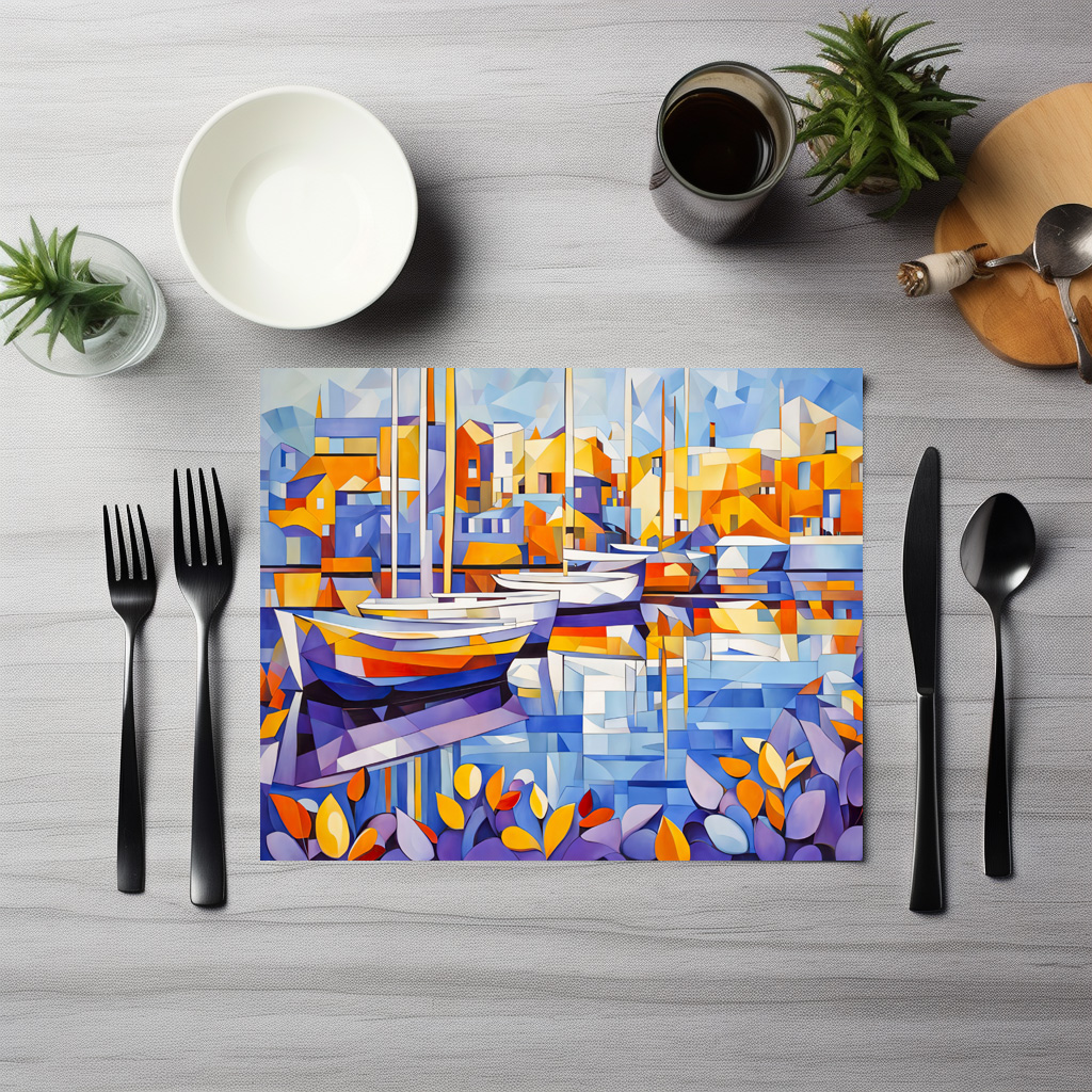 raxxa Premium-Tischset: Cubist Marina with Boats and Reflections