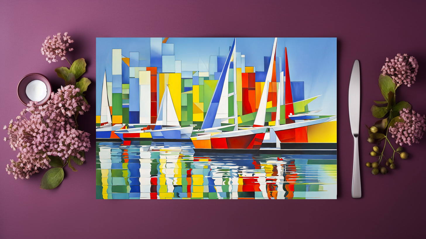 raxxa Premium-Tischset: Cubist Sailboats in Colorful Harbor