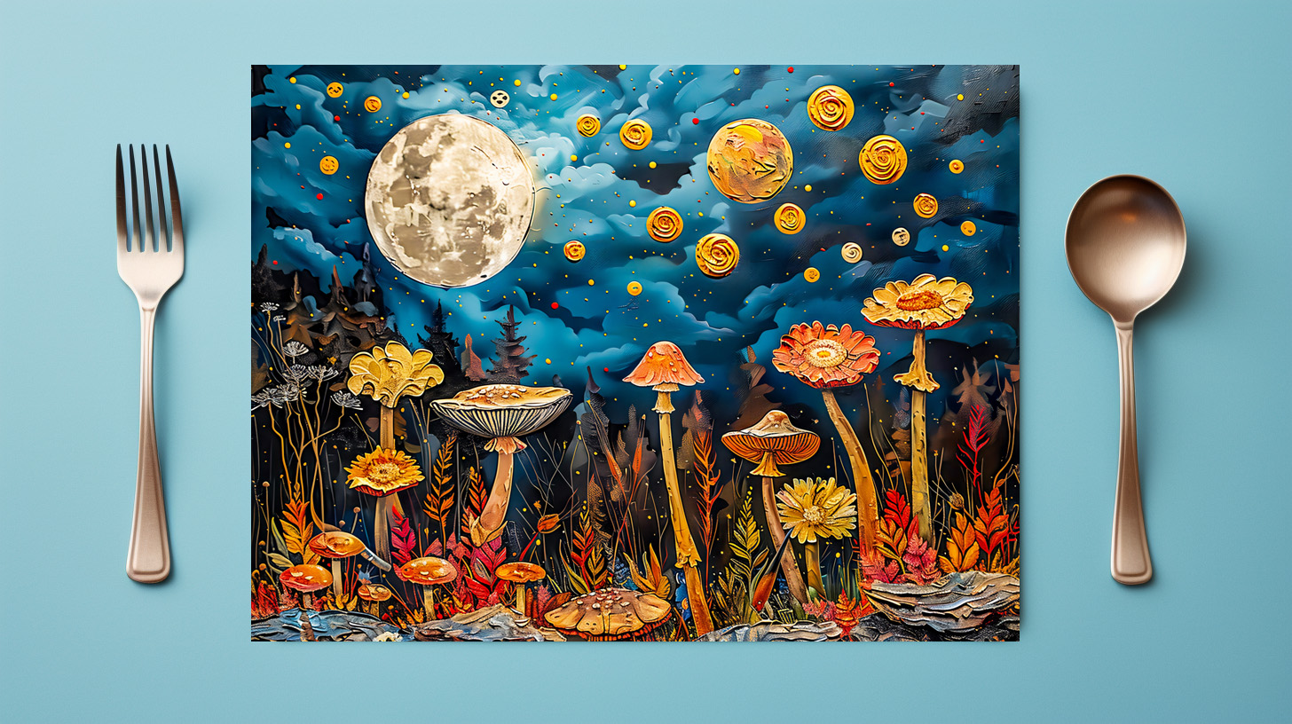 raxxa Premium-Tischset: Abstract watercolor illustration of full moon over meadow with mushrooms – Bild 2