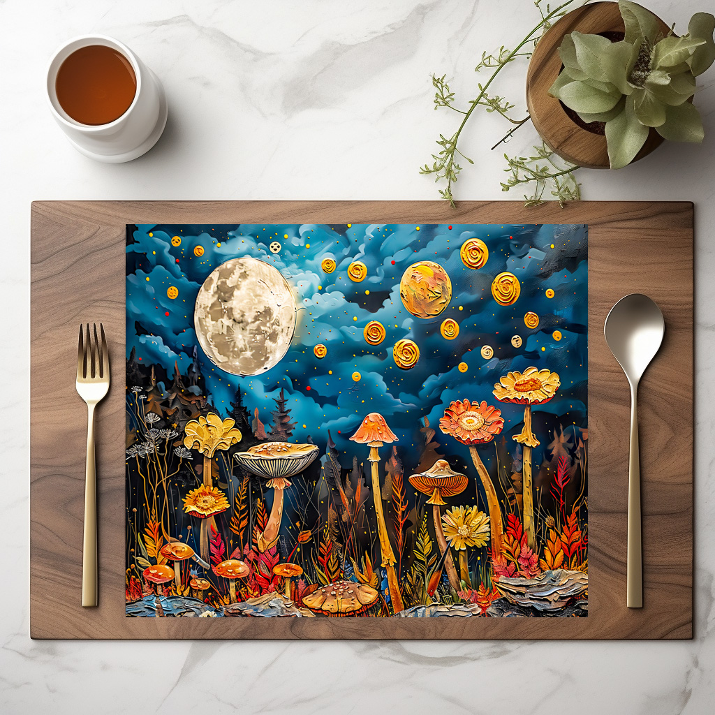 raxxa Premium-Tischset: Abstract watercolor illustration of full moon over meadow with mushrooms – Bild 3