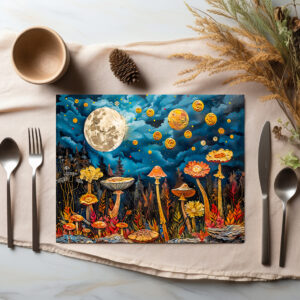 raxxa Premium-Tischset: Abstract watercolor illustration of full moon over meadow with mushrooms