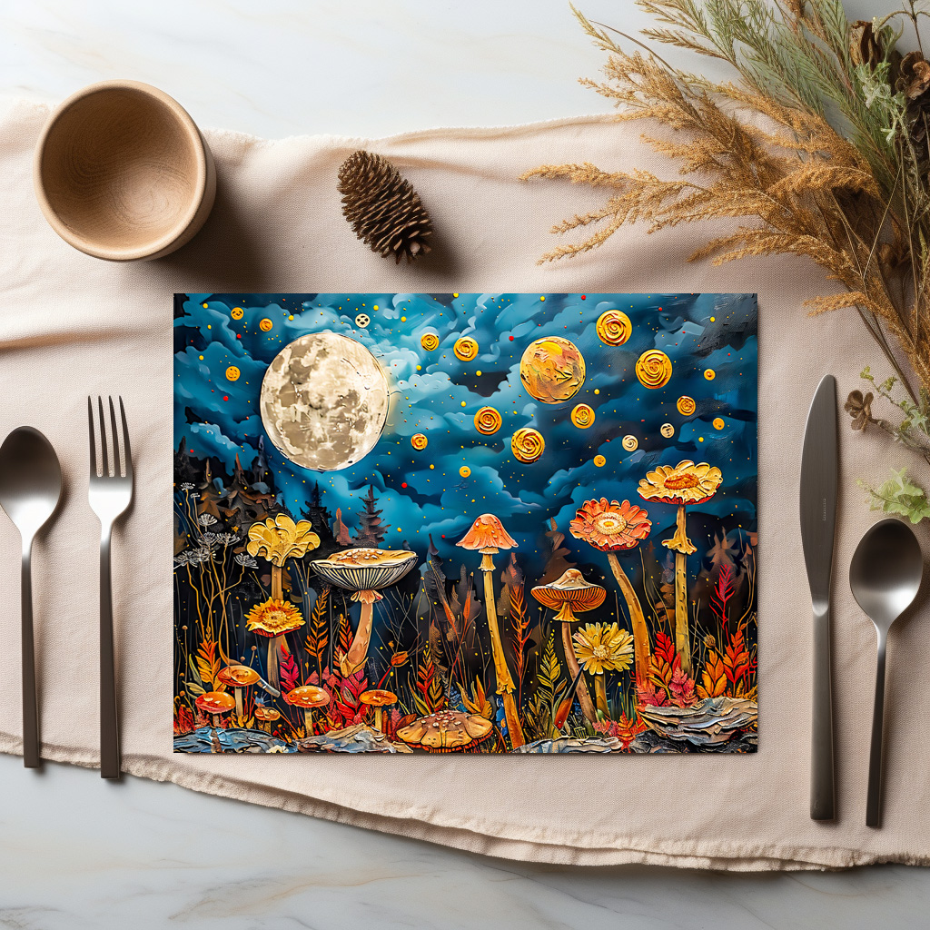 raxxa Premium-Tischset: Abstract watercolor illustration of full moon over meadow with mushrooms