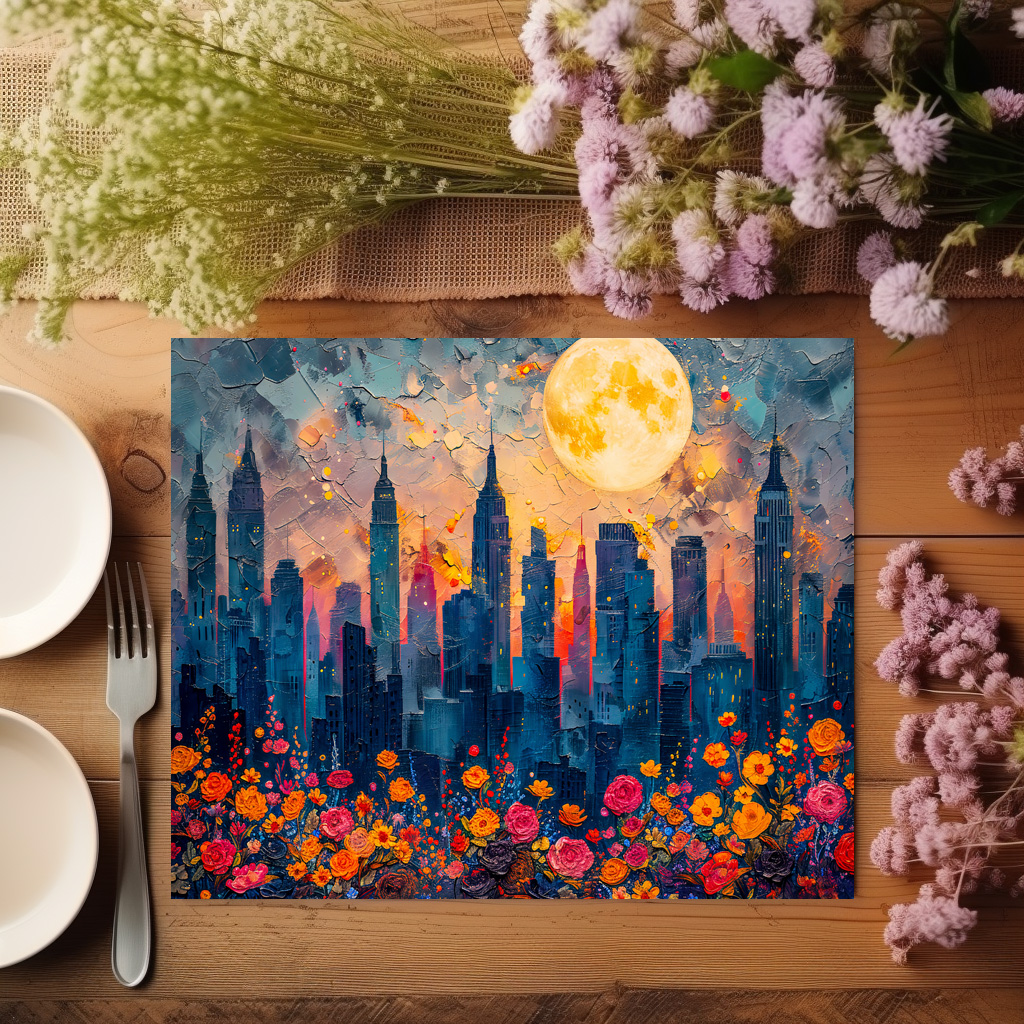 raxxa Premium-Tischset: Abstract watercolor illustration of full moon over city skyline – Bild 3