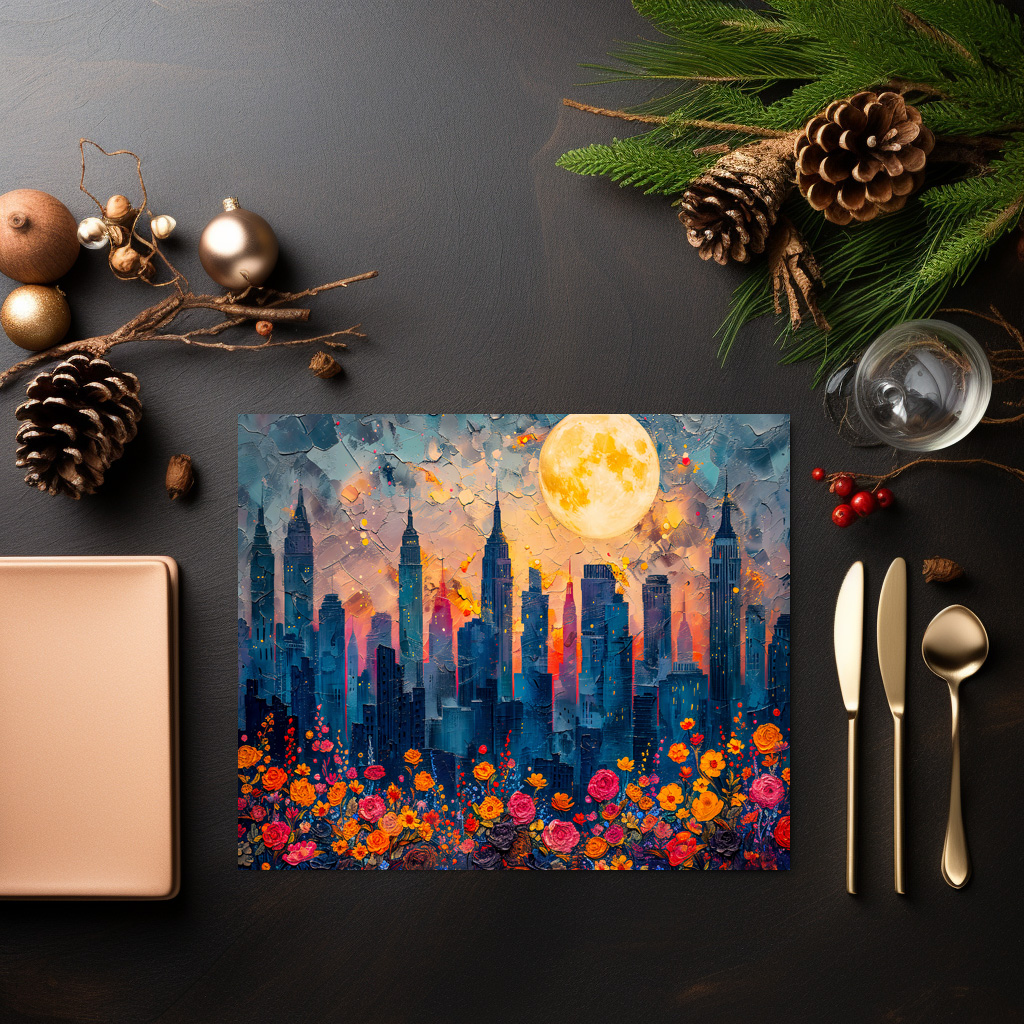 raxxa Premium-Tischset: Abstract watercolor illustration of full moon over city skyline