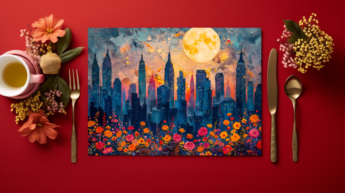 raxxa Premium-Tischset: Abstract watercolor illustration of full moon over city skyline – Bild 2