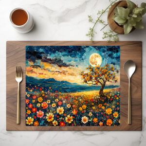 raxxa Premium-Tischset: Abstract watercolor illustration of full moon over wildflower meadow