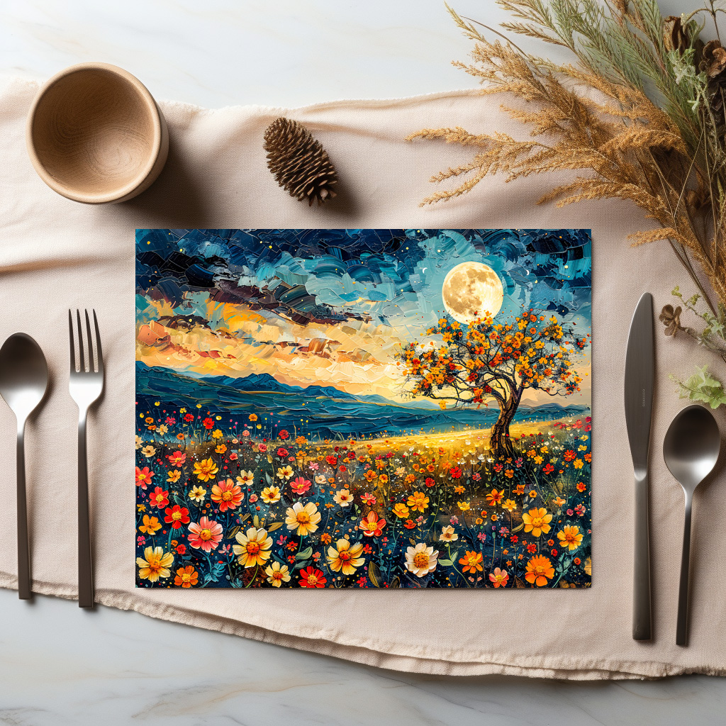 raxxa Premium-Tischset: Abstract watercolor illustration of full moon over wildflower meadow – Bild 2