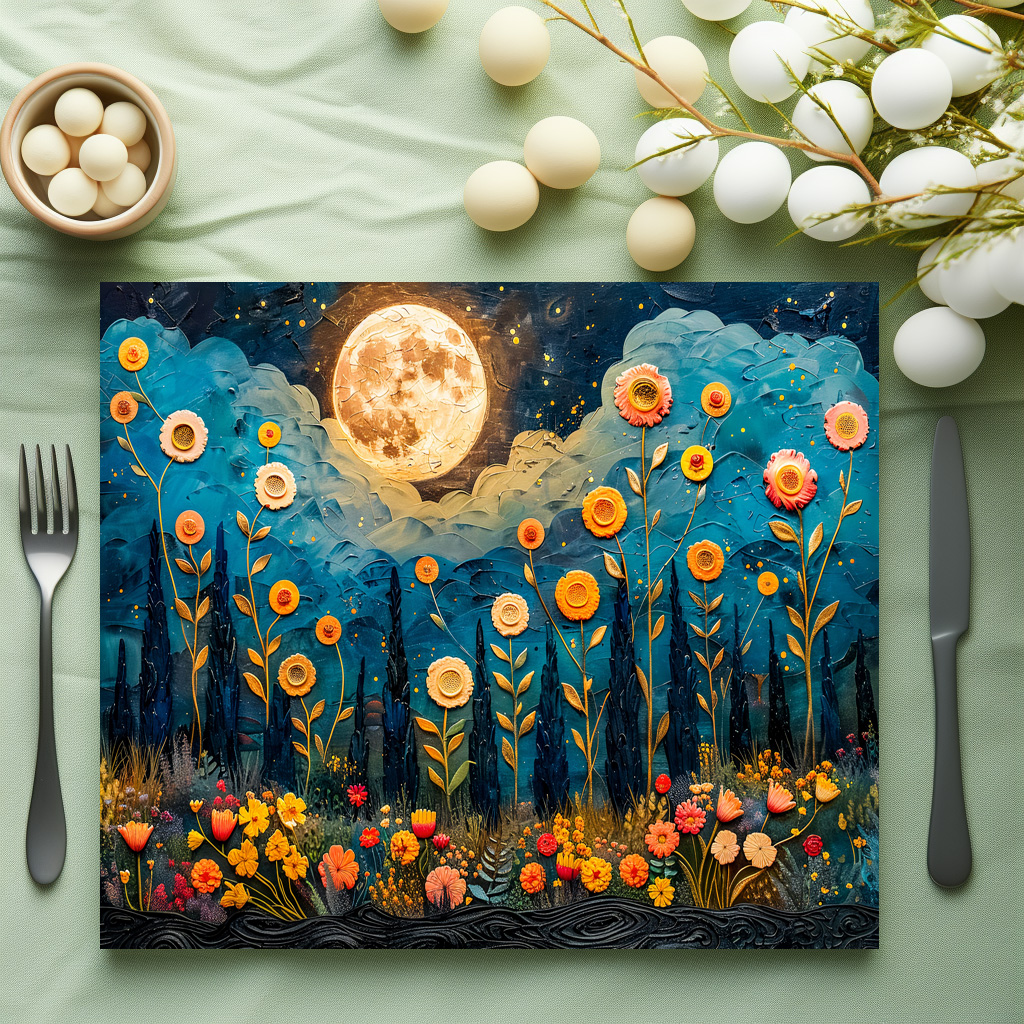 raxxa Premium-Tischset: Abstract watercolor illustration of full moon and clouds over forest with glowing flowers – Bild 3