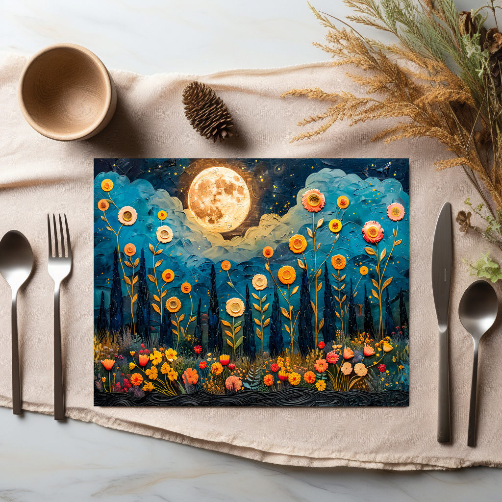 raxxa Premium-Tischset: Abstract watercolor illustration of full moon and clouds over forest with glowing flowers