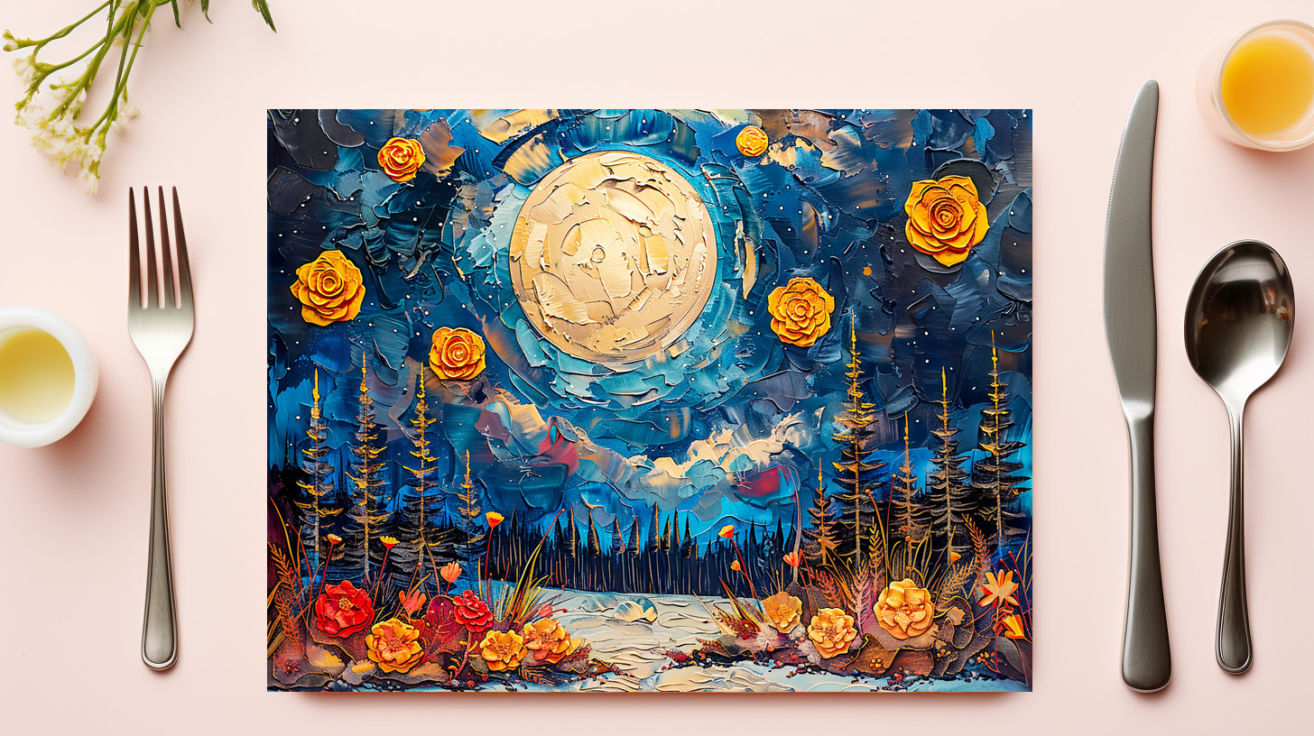 raxxa Premium-Tischset: Abstract watercolor illustration of full moon over forest and lake – Bild 3