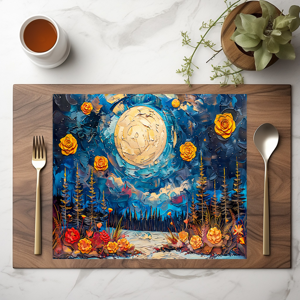 raxxa Premium-Tischset: Abstract watercolor illustration of full moon over forest and lake