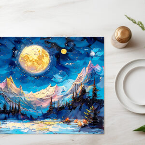 raxxa Premium-Tischset: Abstract watercolor illustration of full moon over snowy mountains