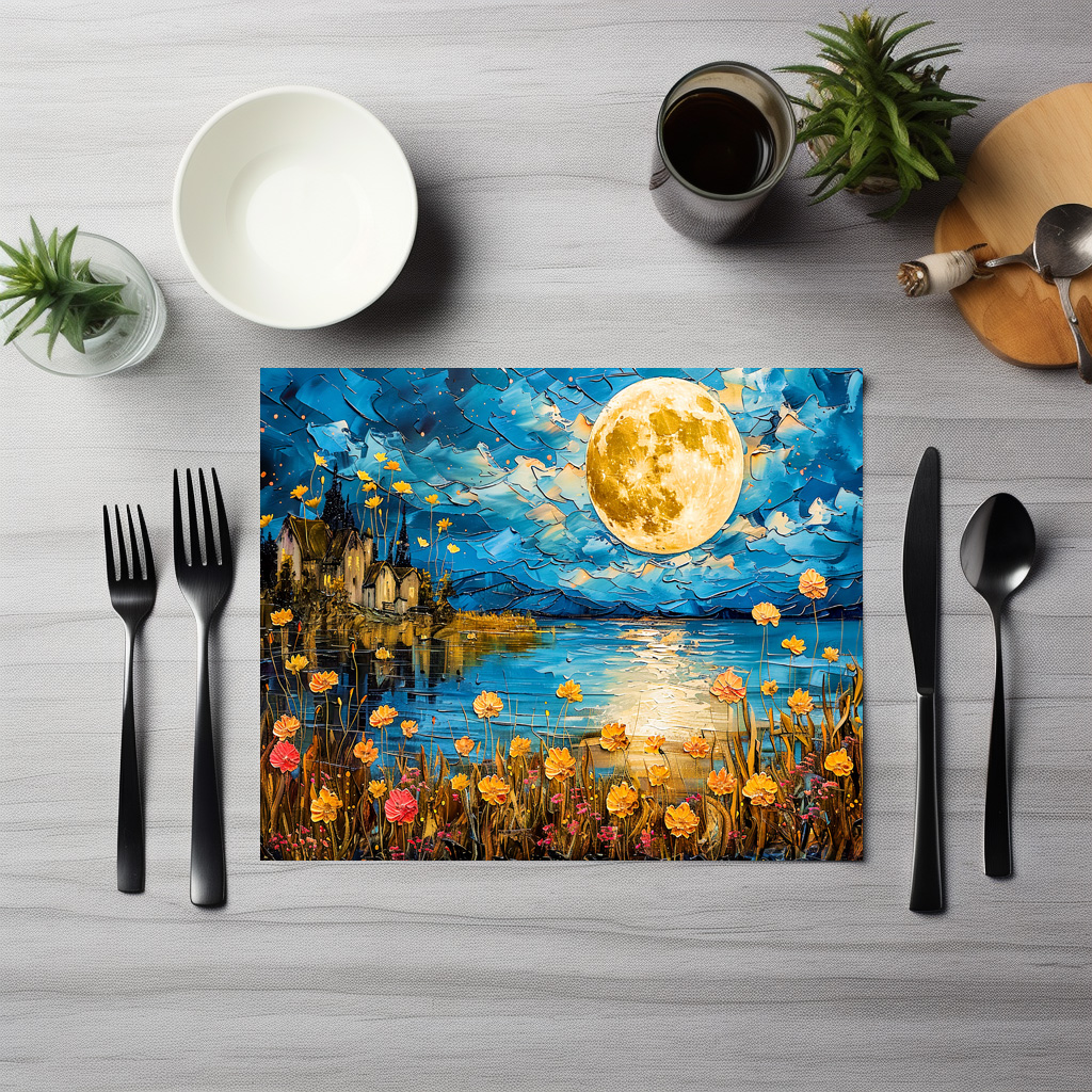 raxxa Premium-Tischset: Abstract watercolor illustration of full moon reflection in lake