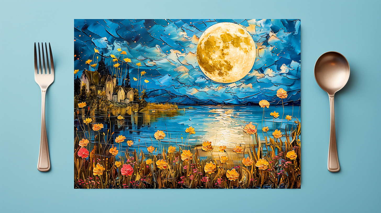 raxxa Premium-Tischset: Abstract watercolor illustration of full moon reflection in lake – Bild 2