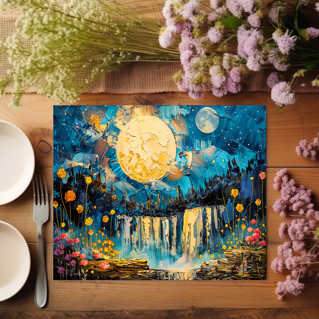 raxxa Premium-Tischset: Abstract watercolor illustration of full moon over waterfall – Bild 2
